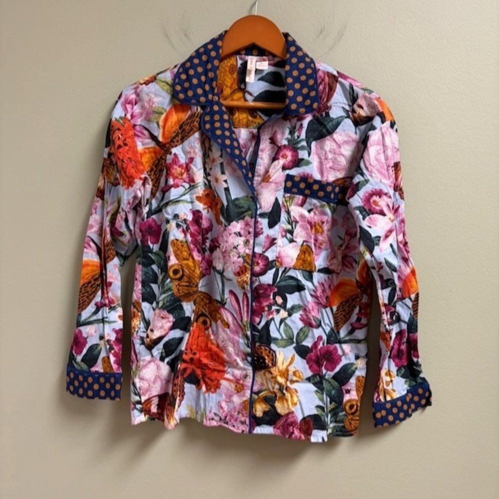 Anthropologie LyreBird Floral Butterfly Print Pajama Top Polka Dot Trim XS Boho